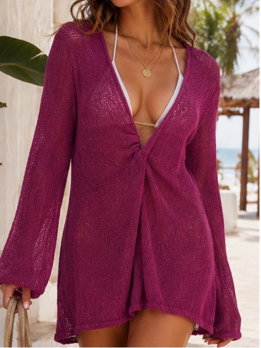 L*SPACE Maroon Palisades Bell Sleeve Knit Resortwear Swim Coverup Size M NWT
